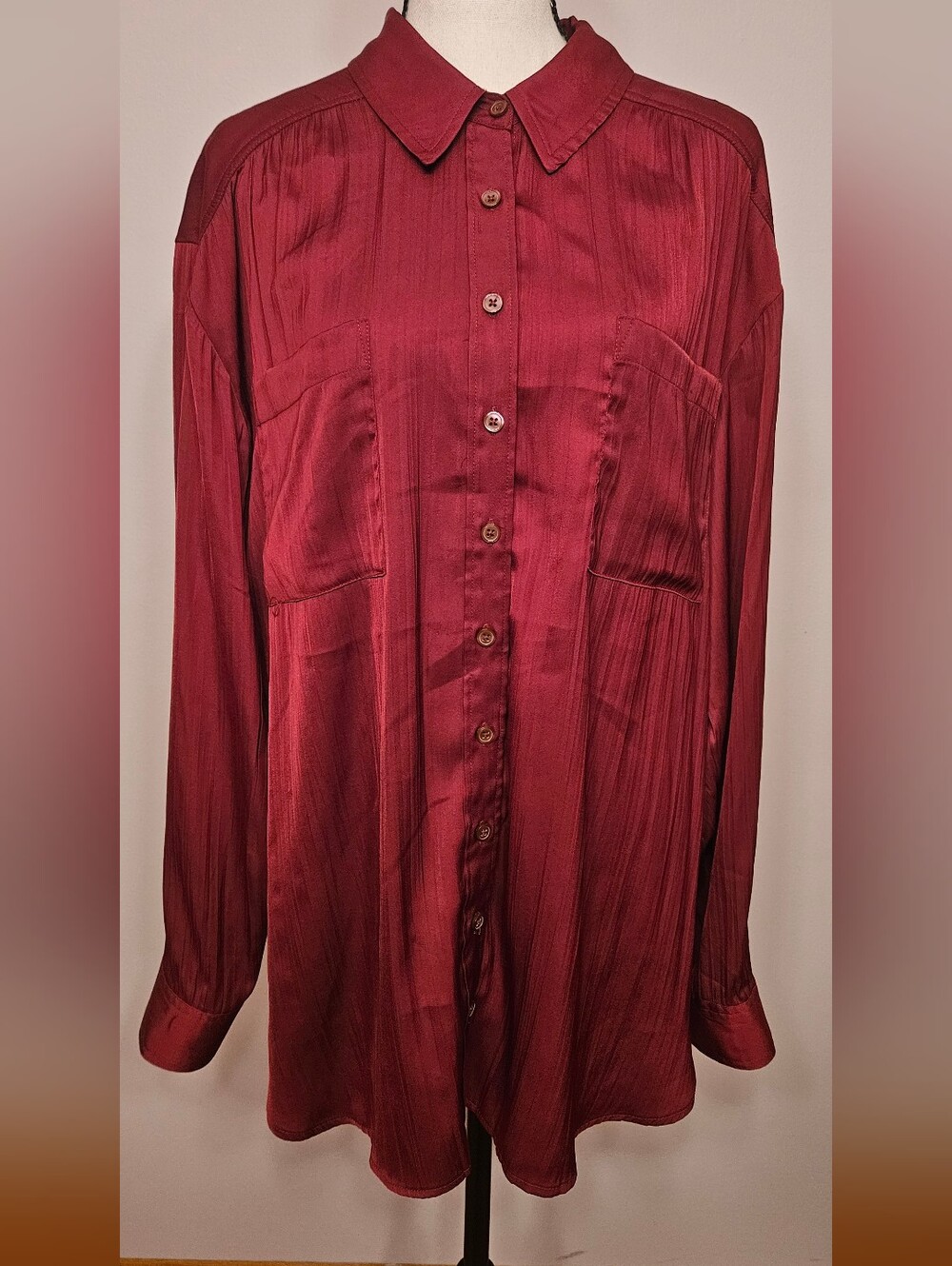 Anthropologie Silken Button-Down Blouse in Burgandy Wine Red, size XL